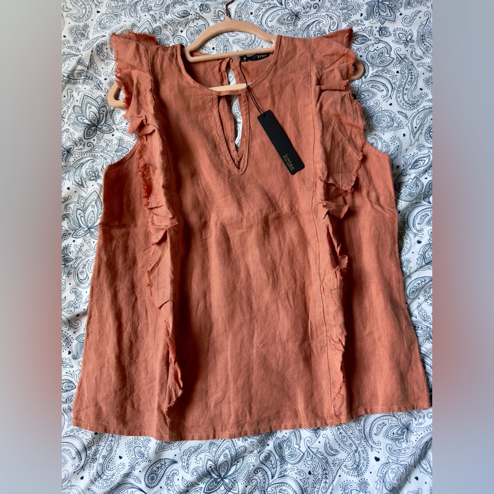 Krisa Linen Ruffle Tank Blouse Top Medium NWT